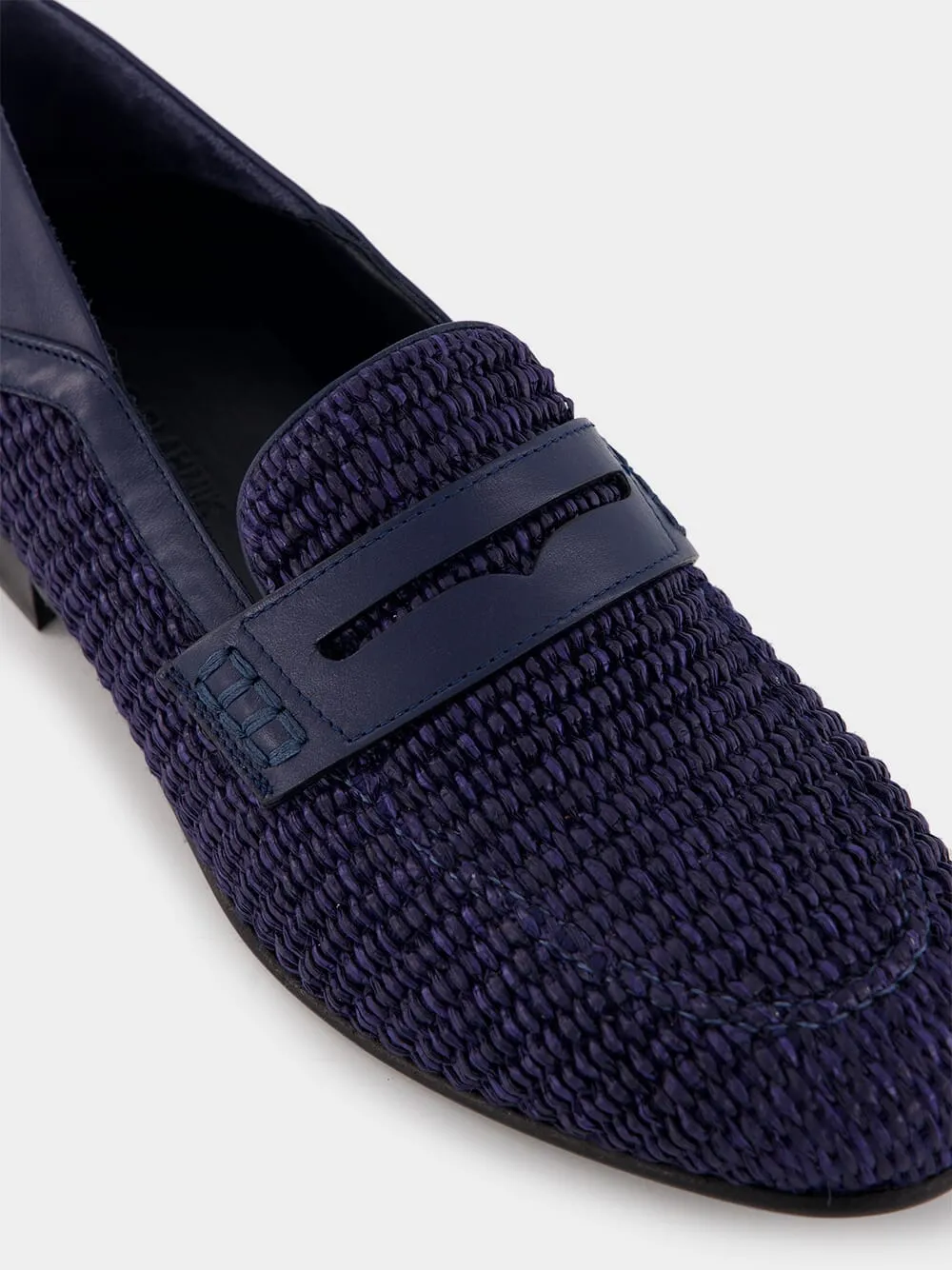 Padstow Navy Blue Raffia Penny Loafers