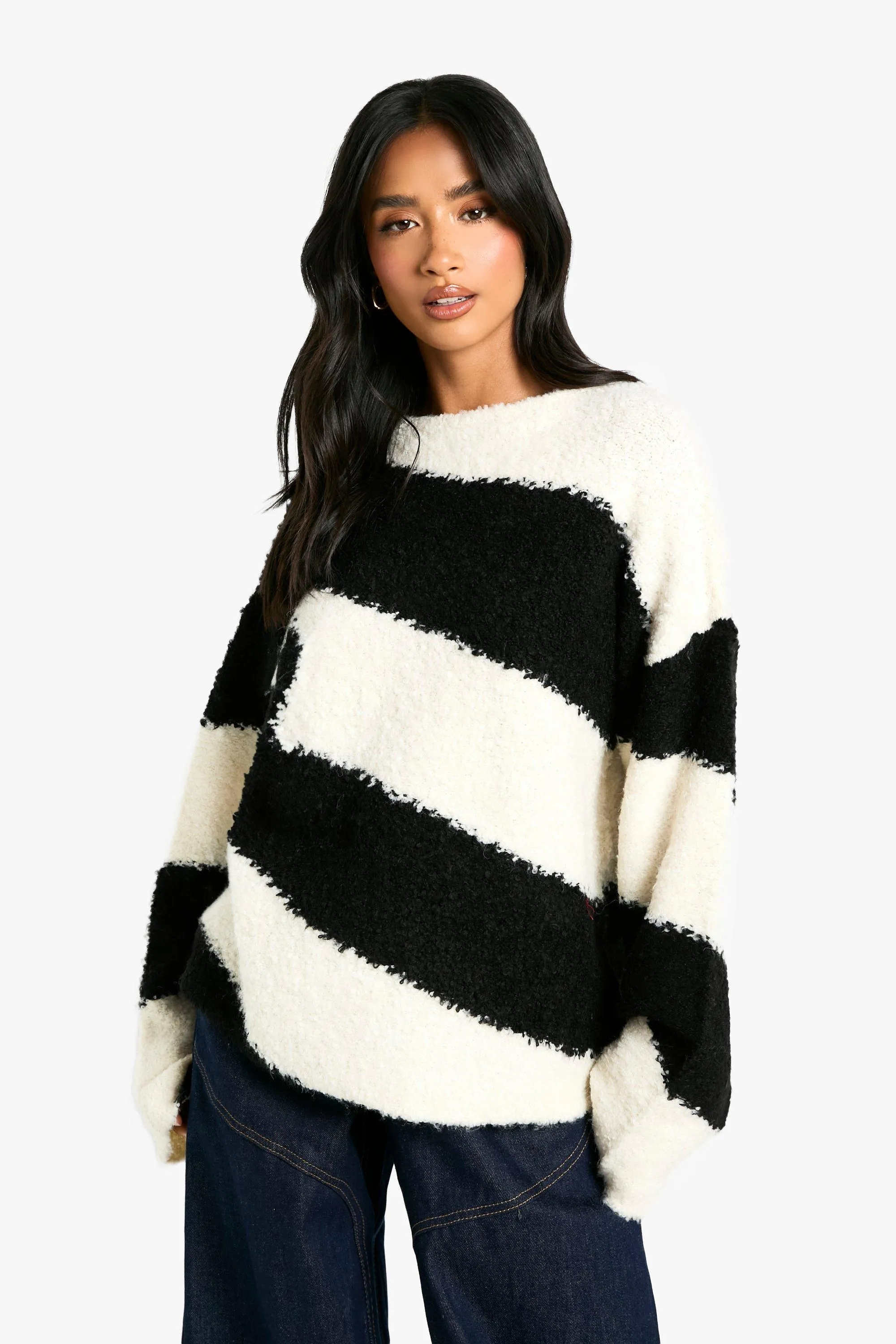 Petite Borg Diagonal Stripe Slouchy Knitted Sweater