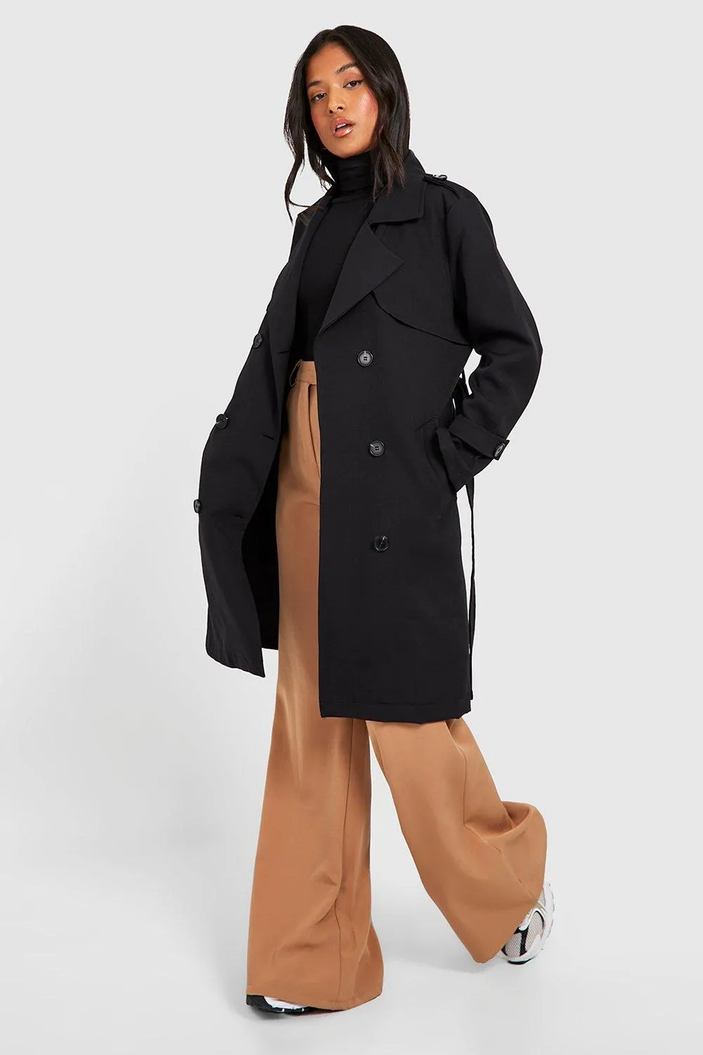 Petite Button Detail Belted Trench Coat