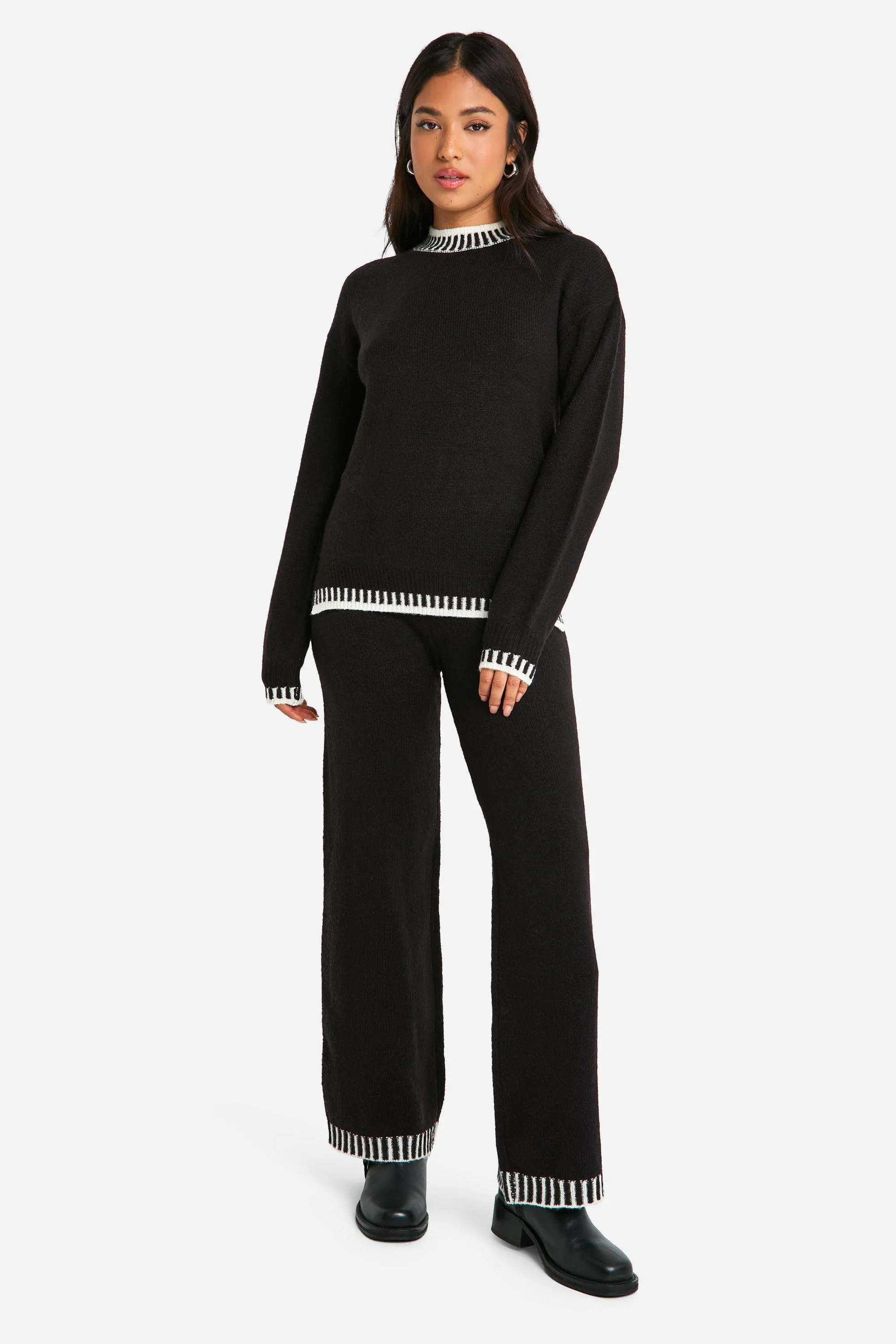 Petite Contrast Trim Sweater And Wide Leg Pants Knitted Two-Piece