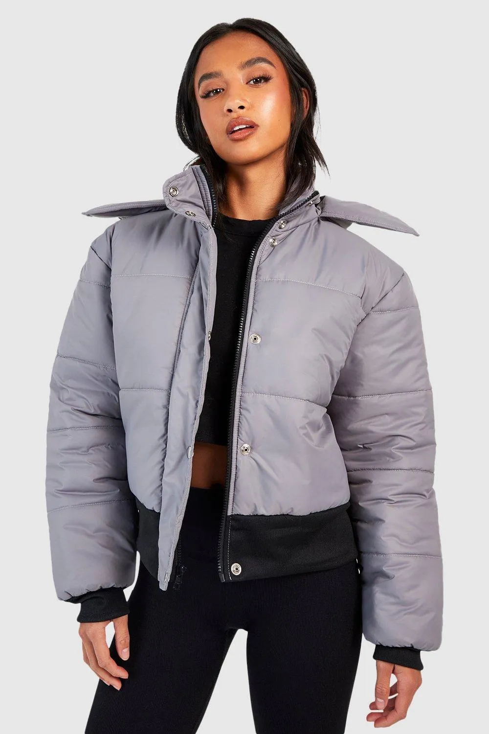 Petite Funnel Neck Rib Detail Puffer Jacket