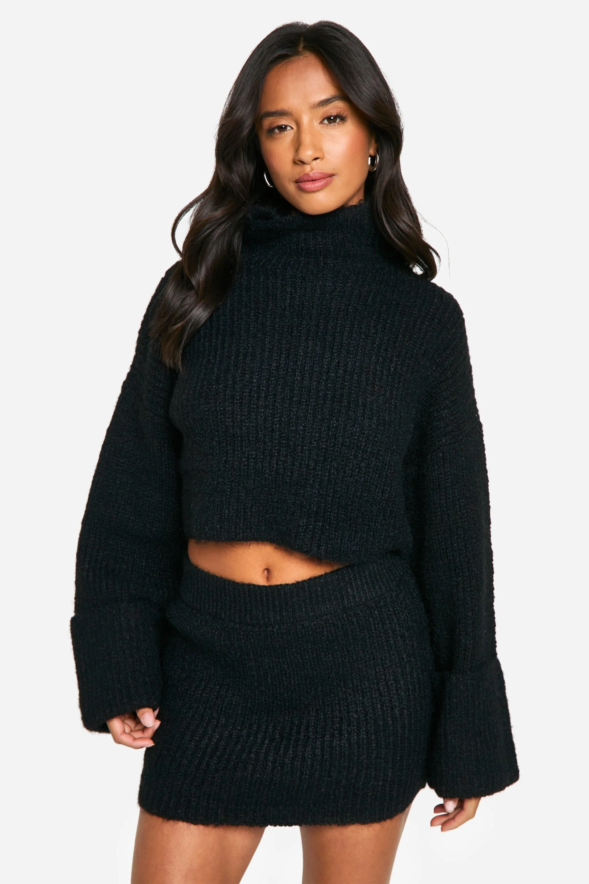 Petite High Neck Oversized Crop Knitted Sweater And Micro Mini Skirt Set