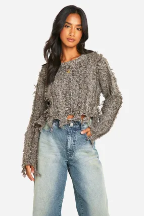 Petite Marl Frayed Hem Crop Knitted Sweater