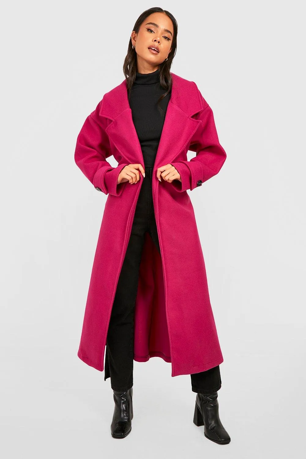 Petite Oversized Wool Look Longline Belted Trench Coat