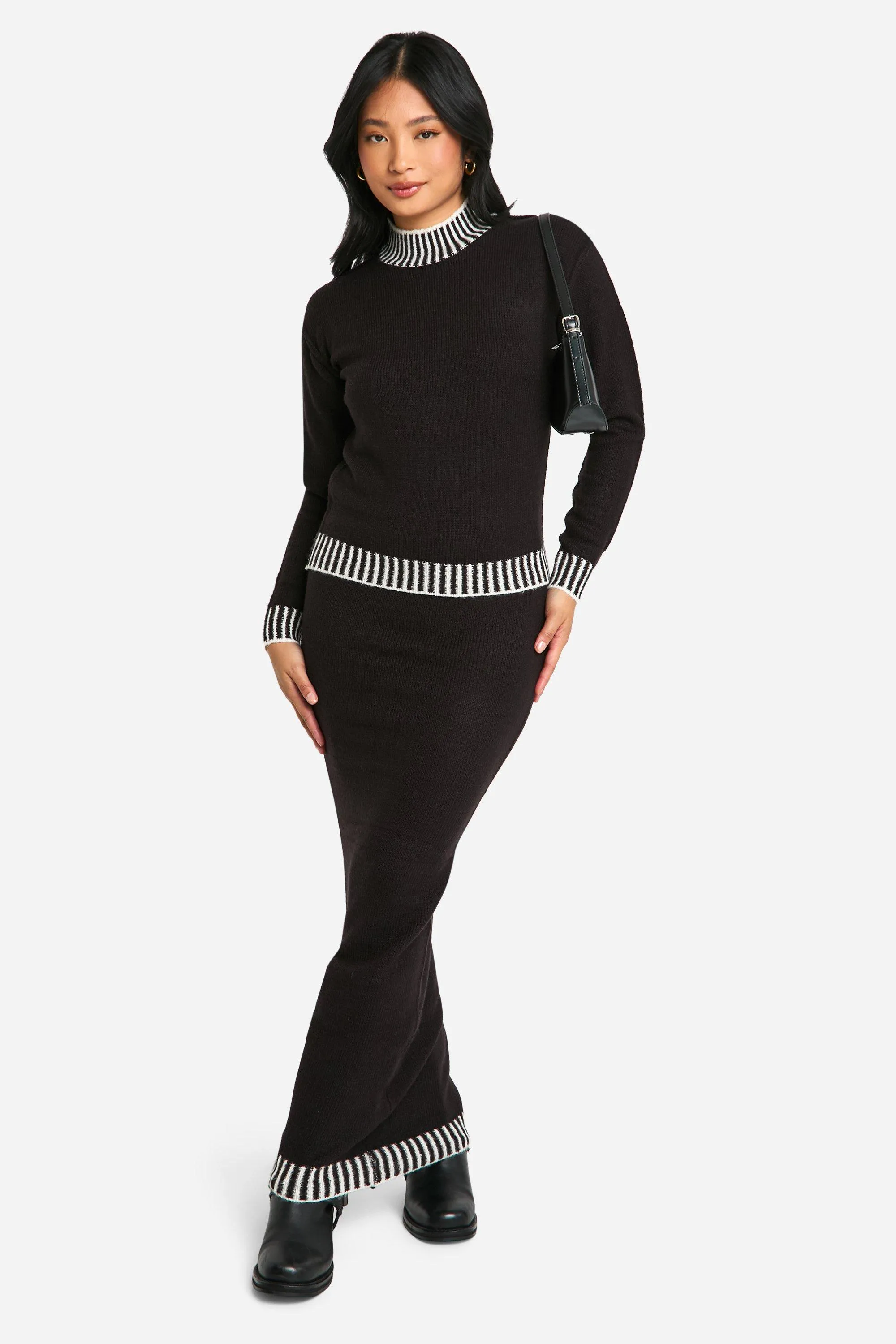 Petite Premium Contrast Trim Sweater And Maxi Skirt Knitted Two-Piece