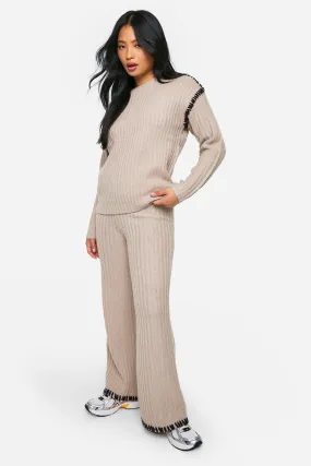 Petite Premium Heavyweight Contrast Trim Sweater And Pants Knitted Set