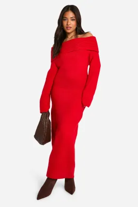 Petite Premium Oversized Rib Off The Shoulder Neckline Soft Knit Sweater Dress