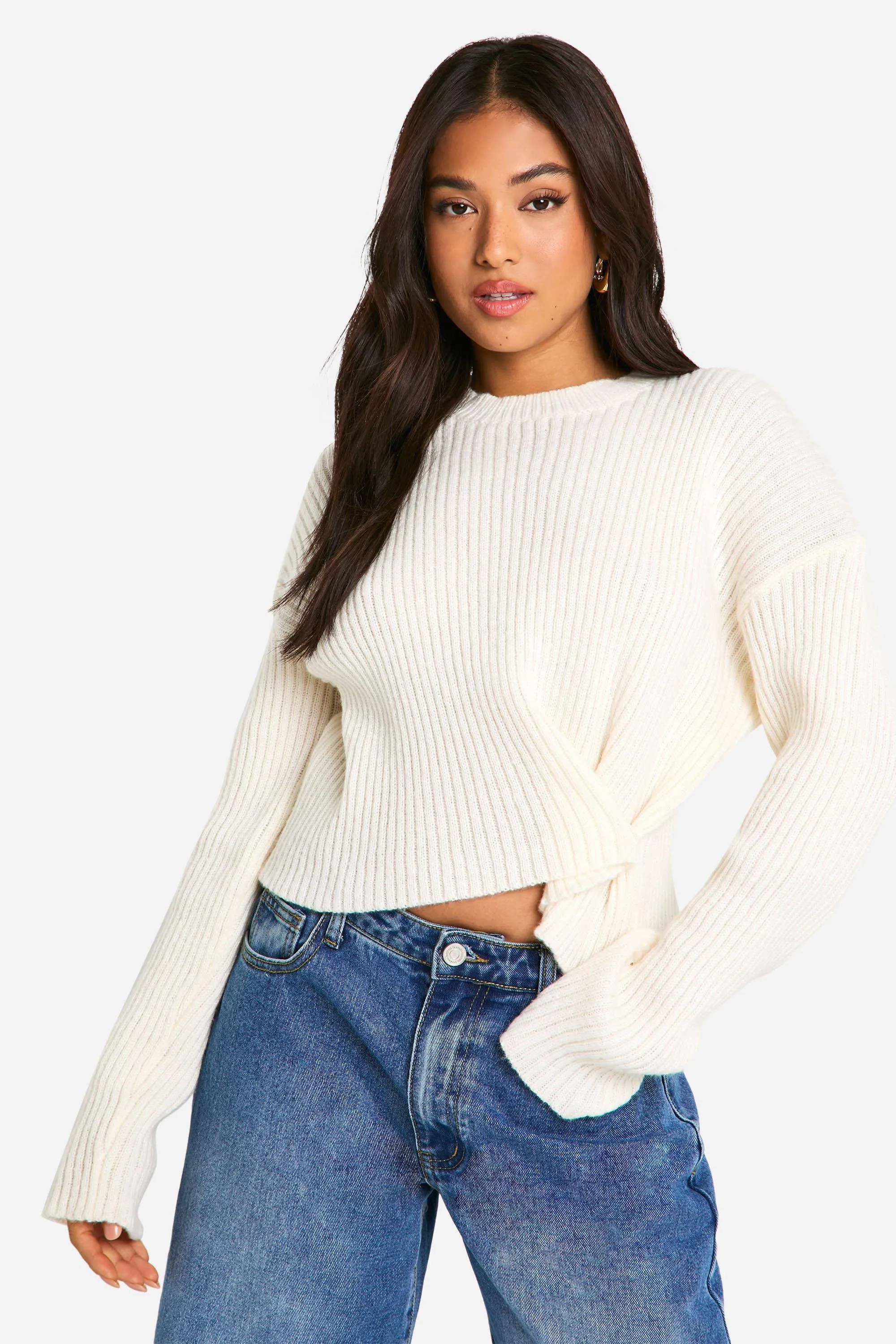 Petite Ribbed Button Waist Detail Sweater