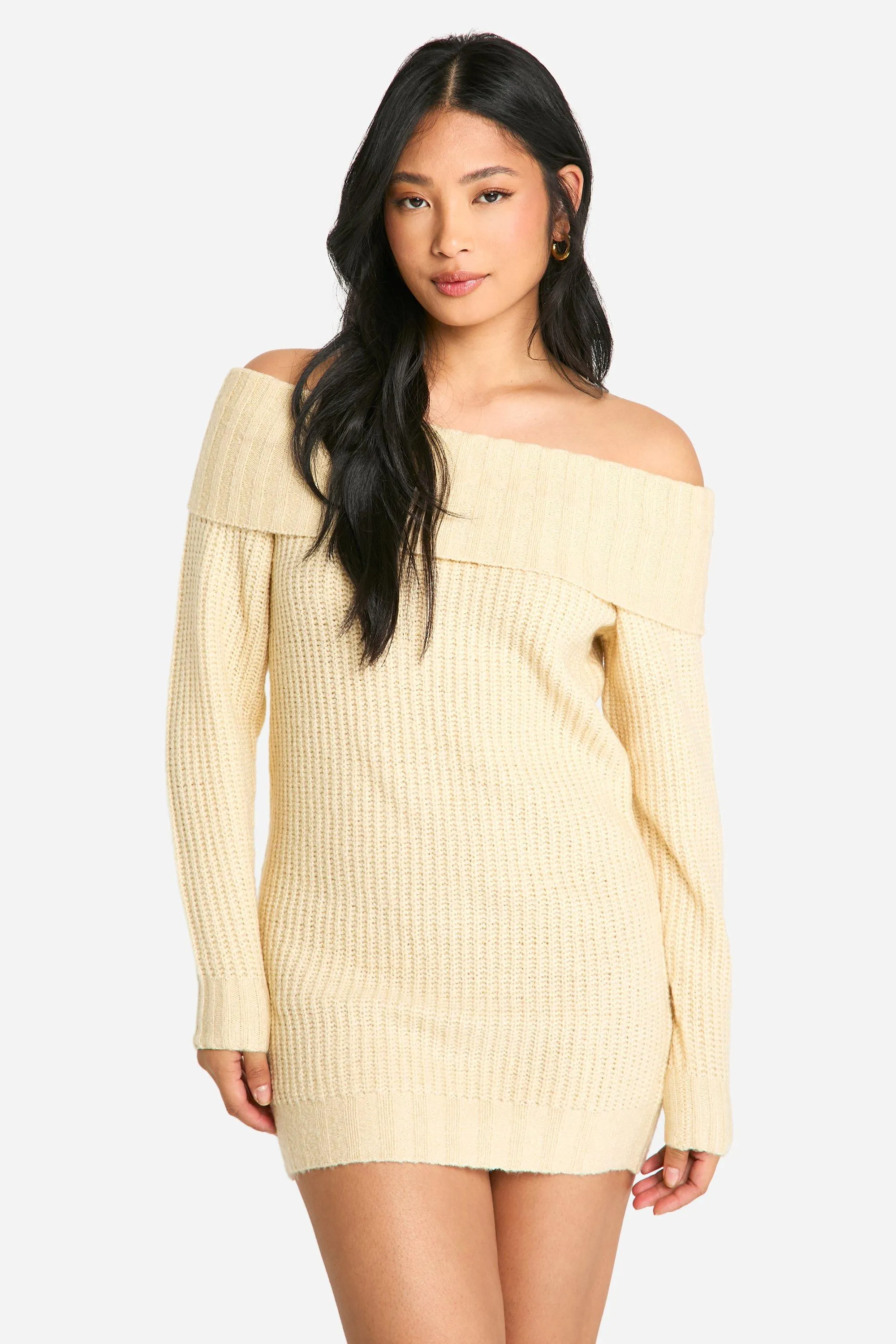 Petite Wide Rib Off The Shoulder Neckline Mini Sweater Dress