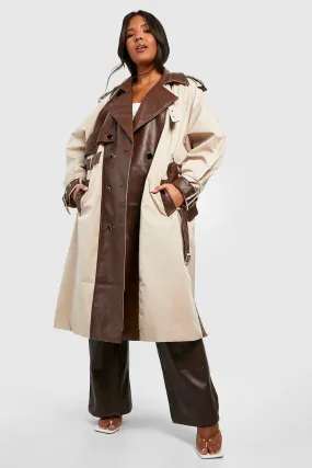 Plus Contrast Faux Pu Leather Trench Coat