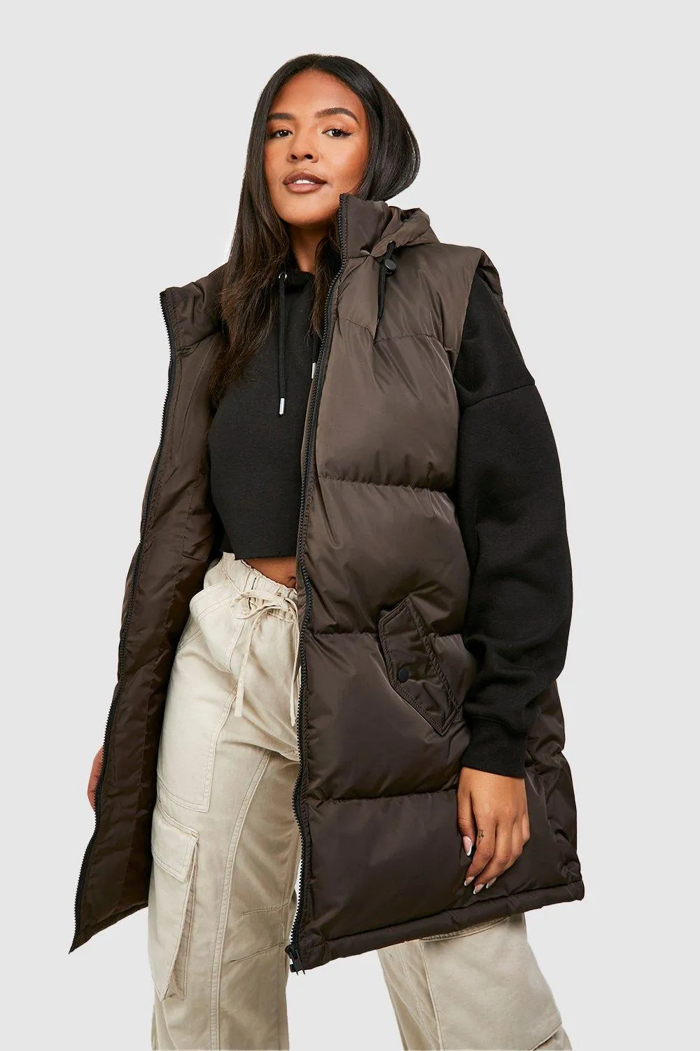 Plus Hooded Vest Puffer Coat