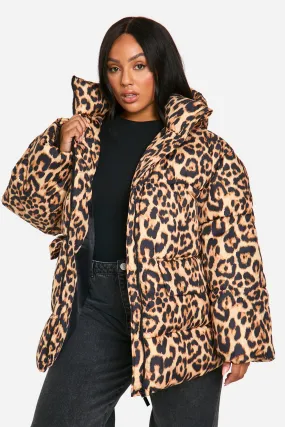 Plus Leopard Print Oversized Puffer Jacket