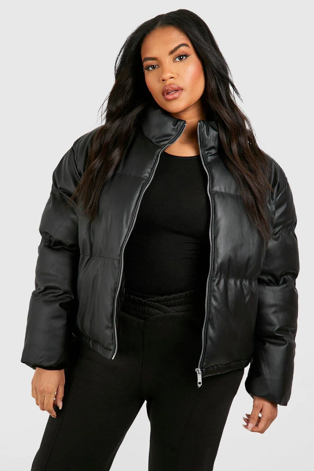 Plus Pu Zip Up Puffer Coat