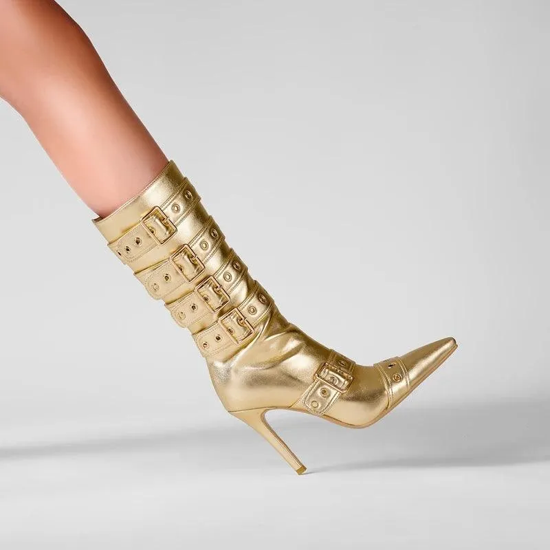 Pointed Belt Buckle High Heel Women Boots