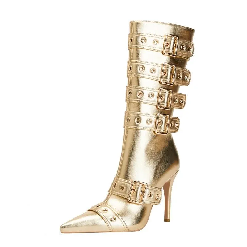 Pointed Belt Buckle High Heel Women Boots