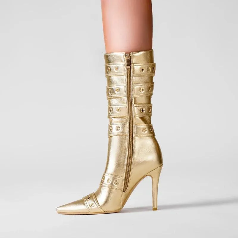 Pointed Belt Buckle High Heel Women Boots