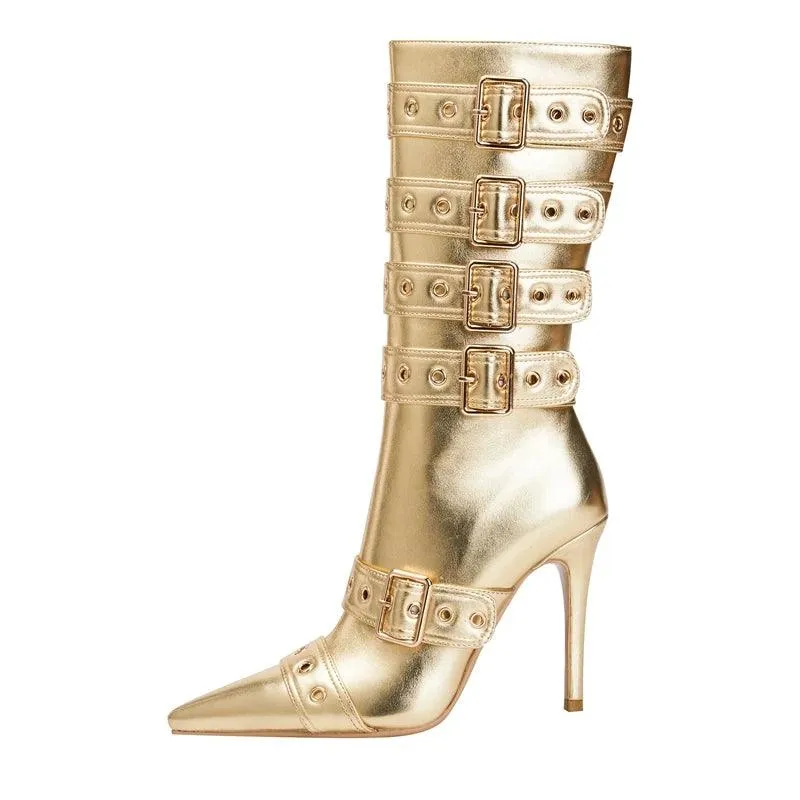 Pointed Belt Buckle High Heel Women Boots