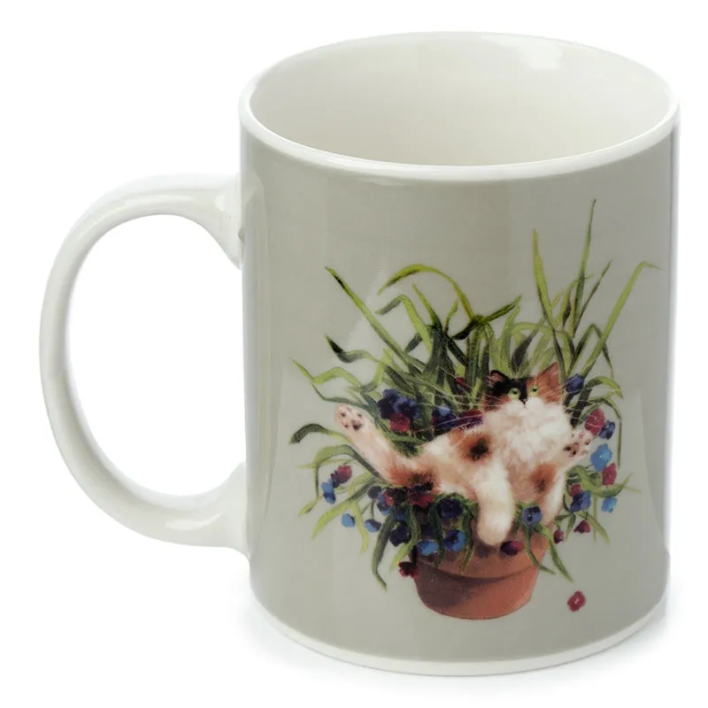 Porcelain Mug - Kim Haskins Cat in Plant Pot Green MUG404