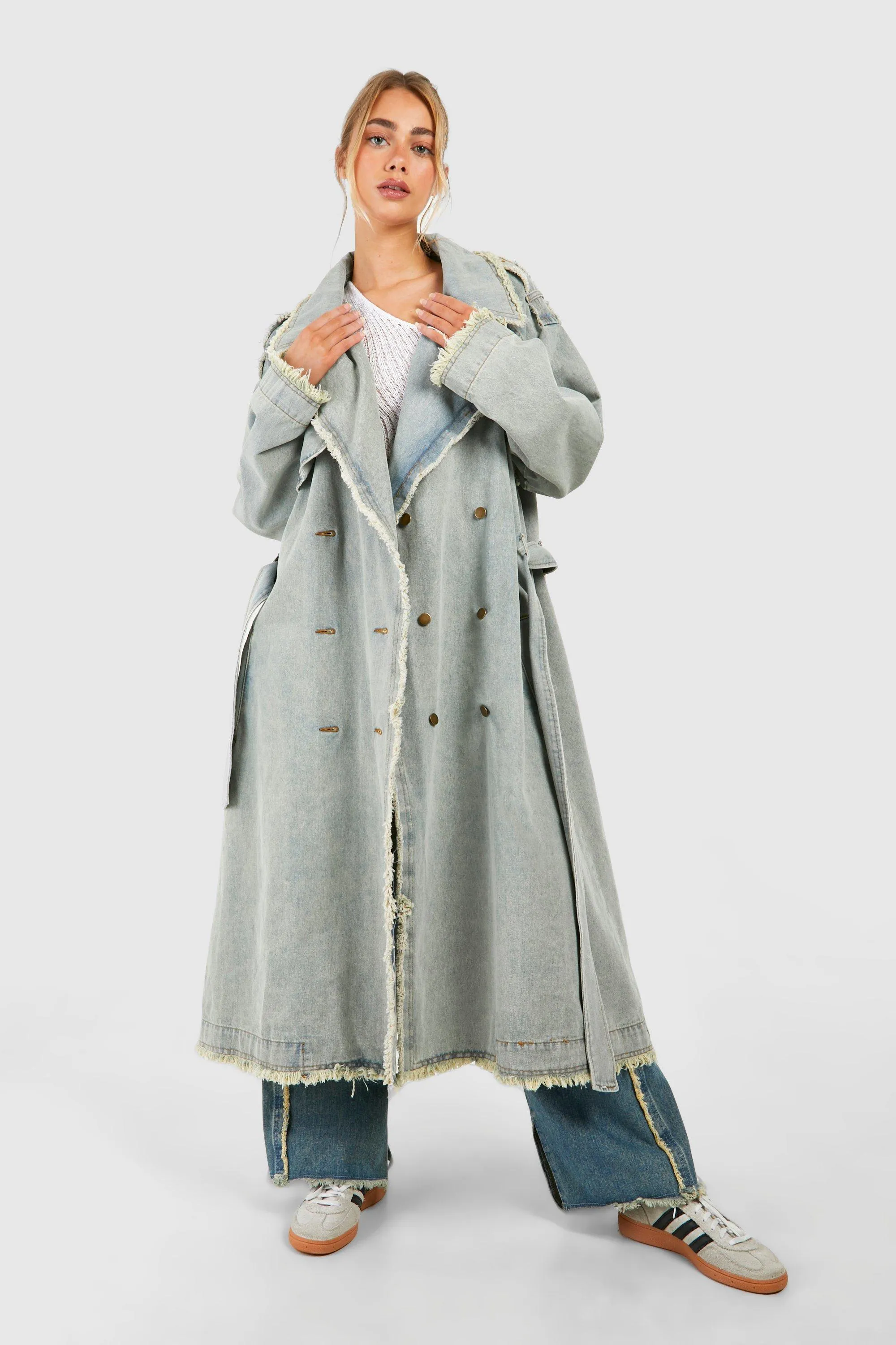 Premium Fray Hem Denim Trench Coat