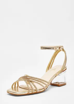 Quiz Gold Diamante Strap Low Heeled Sandals