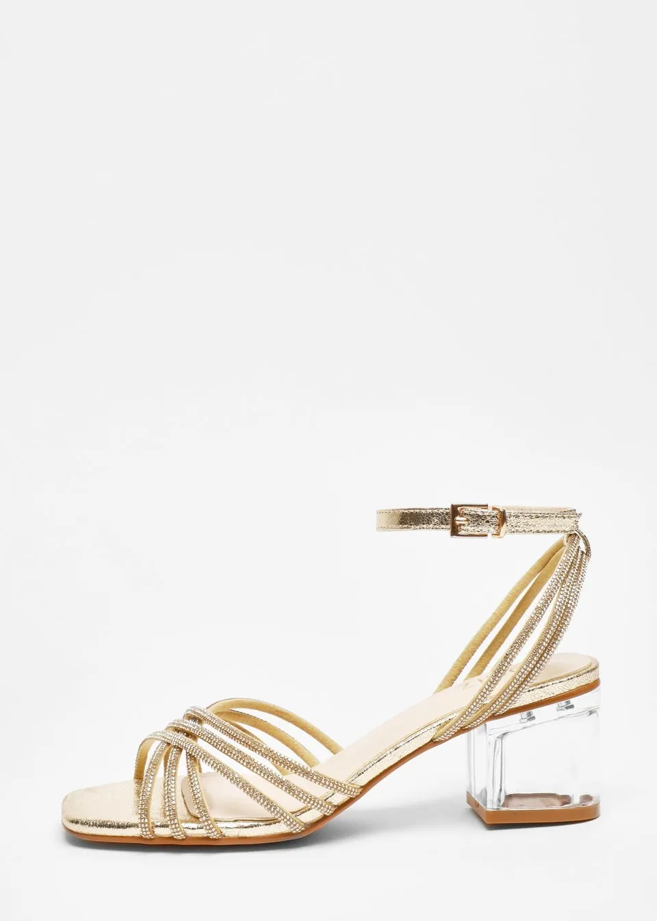 Quiz Gold Diamante Strap Low Heeled Sandals