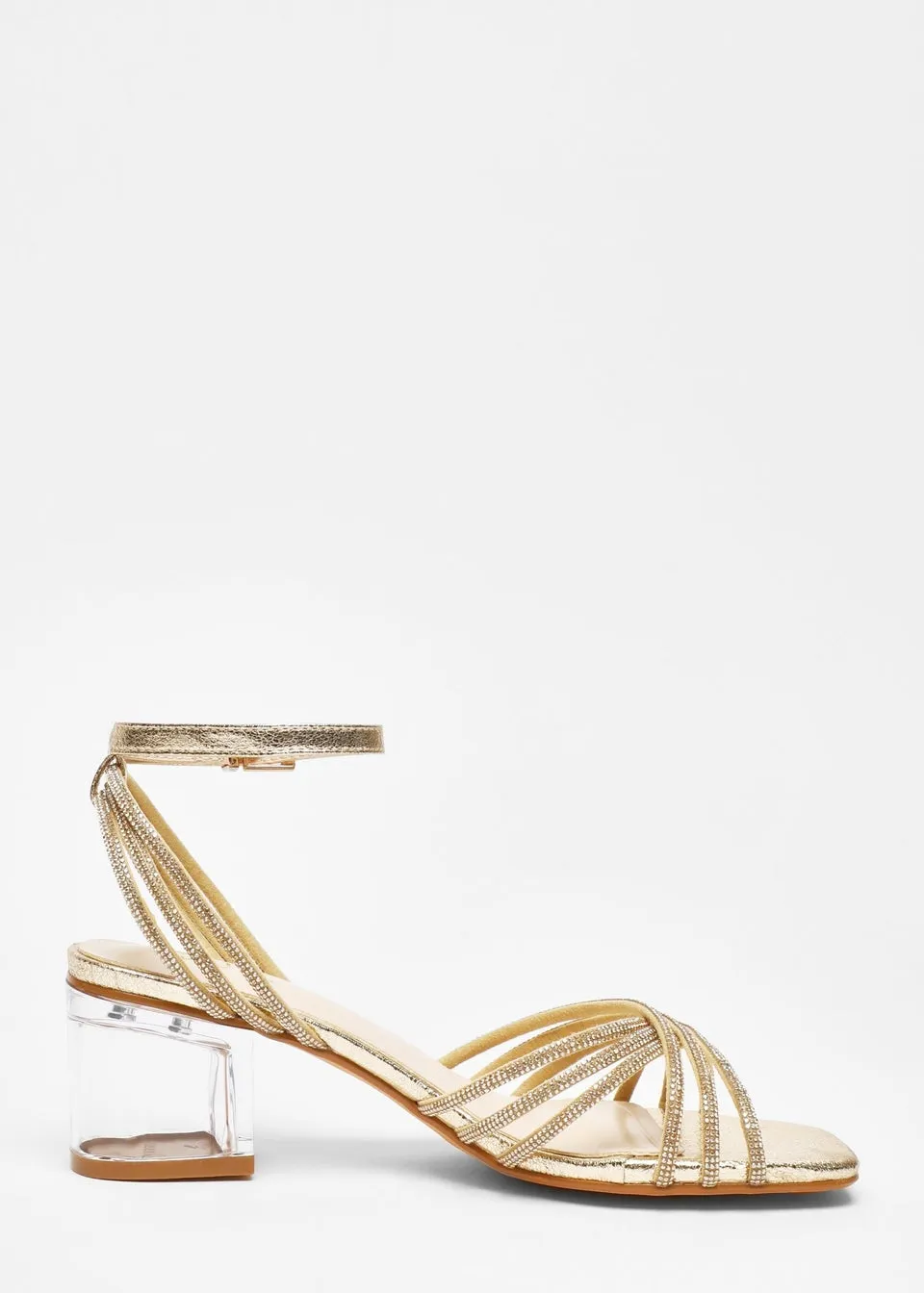 Quiz Gold Diamante Strap Low Heeled Sandals