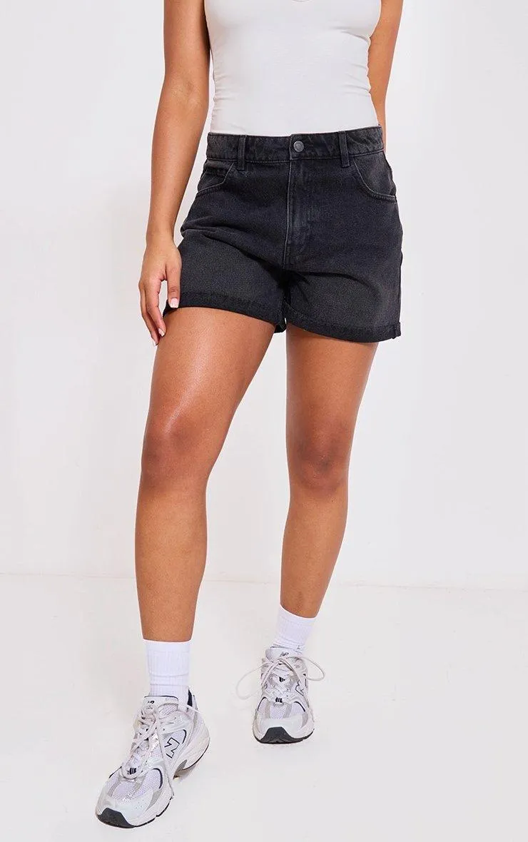 Shorts | Washed Black Turn Up Mom Denim Shorts | PrettyLittleThing