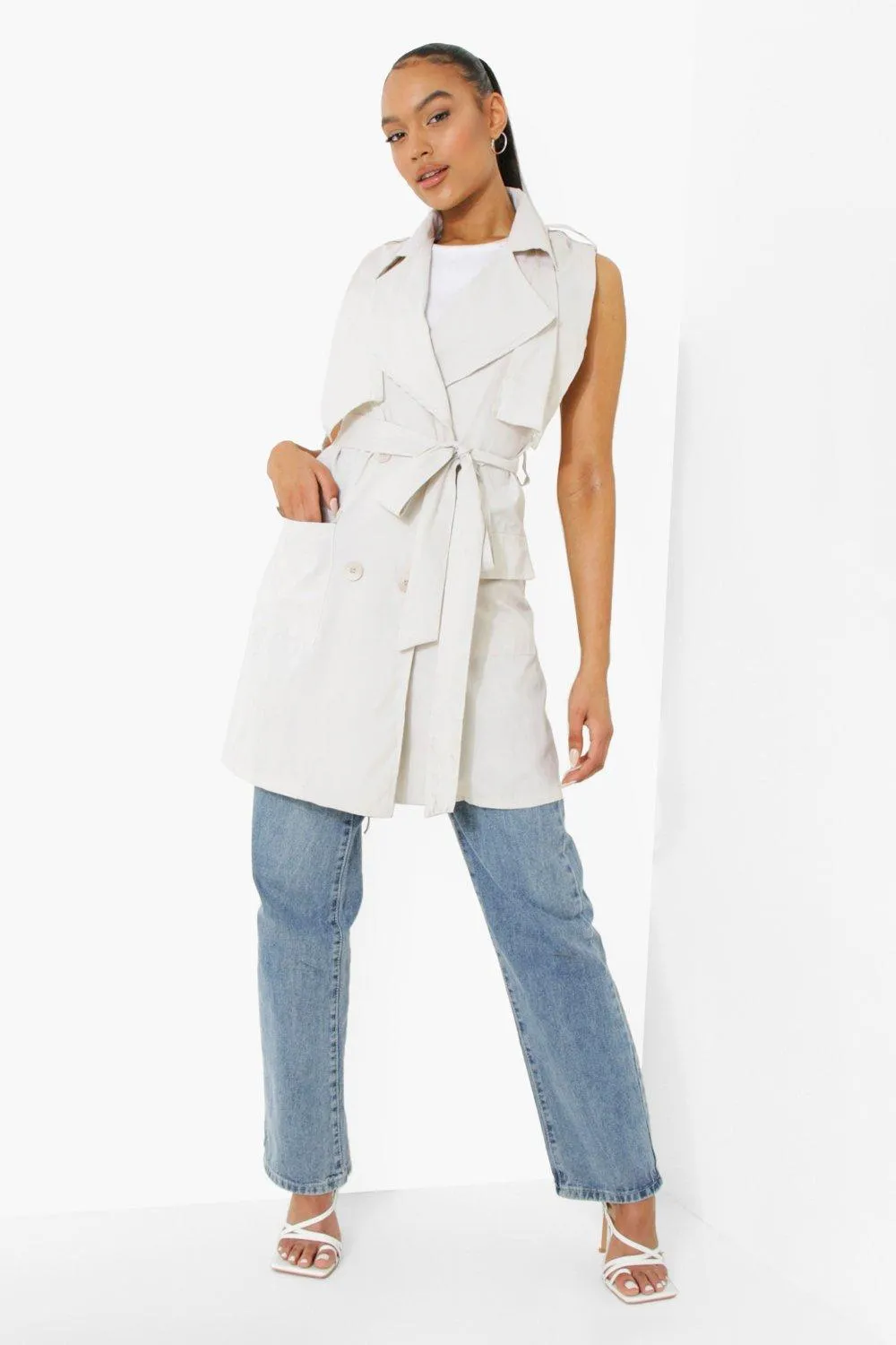 Sleeveless Belted Trench Coat