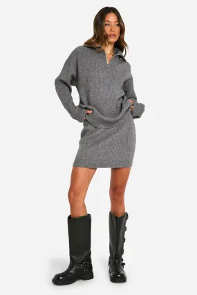 Tall Rib Knit Half Zip Sweater And Mini Skirt Two-Piece