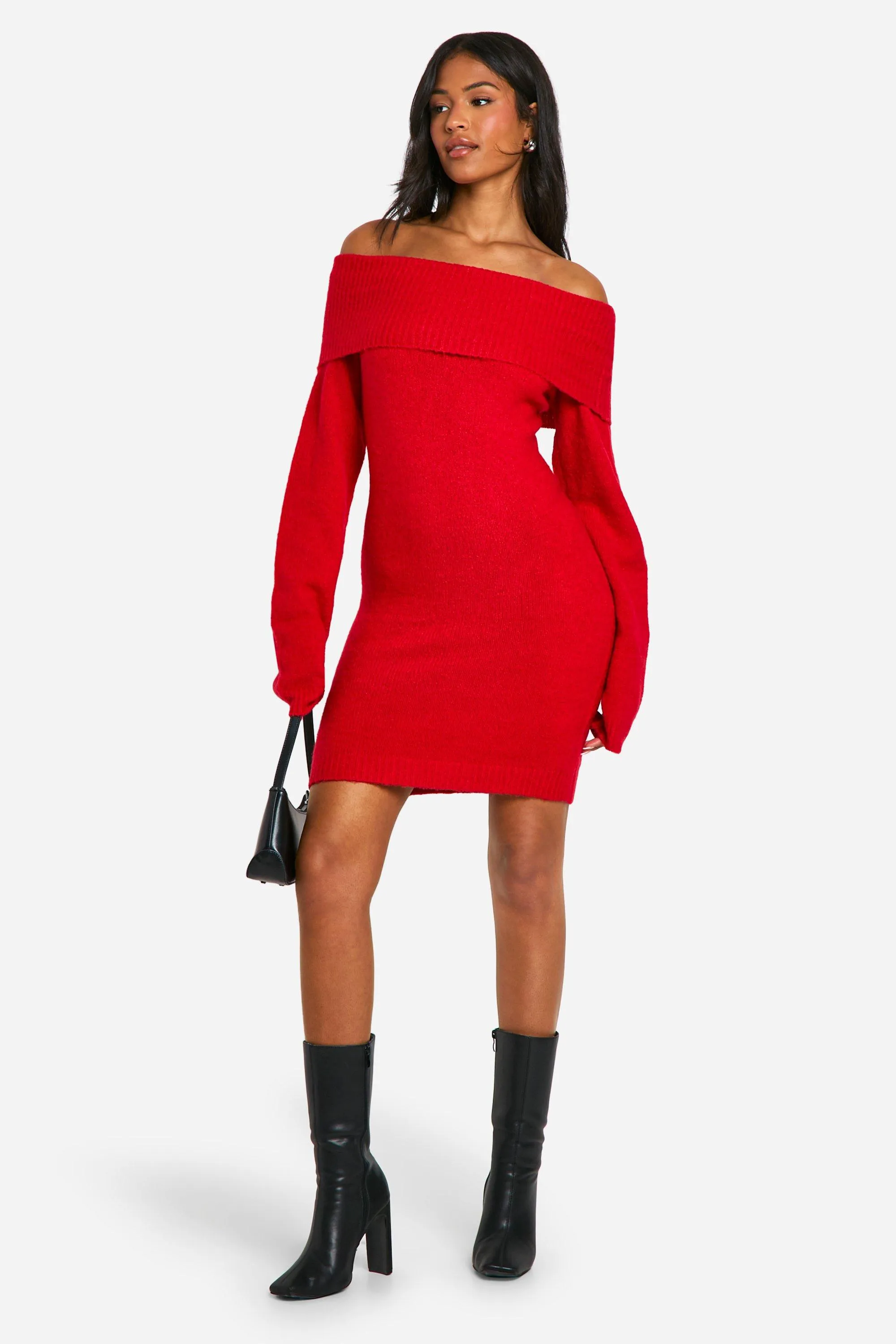 Tall Rib Off The Shoulder Neckline Mini Sweater Dress