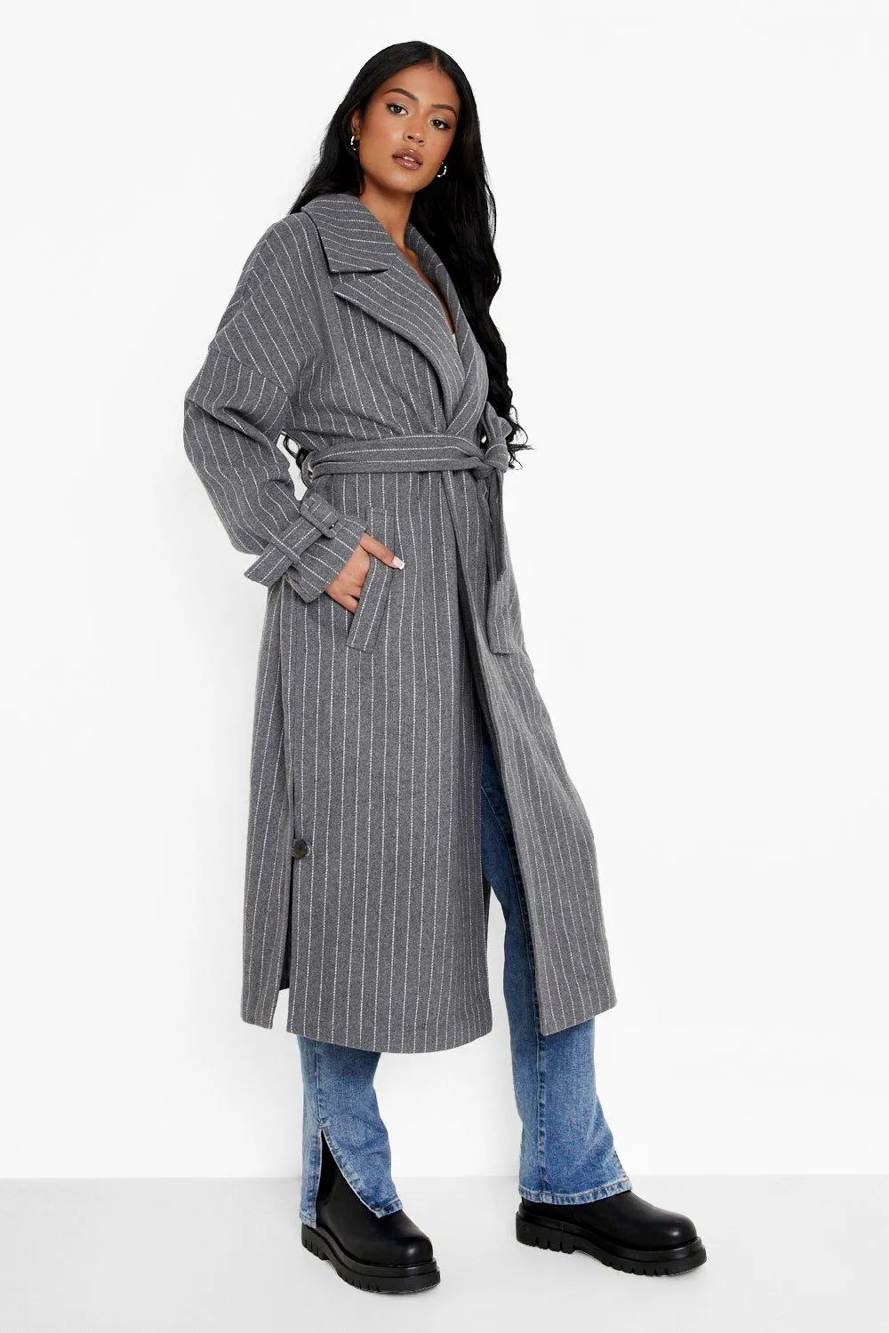 Tall Striped Wool Look Trench