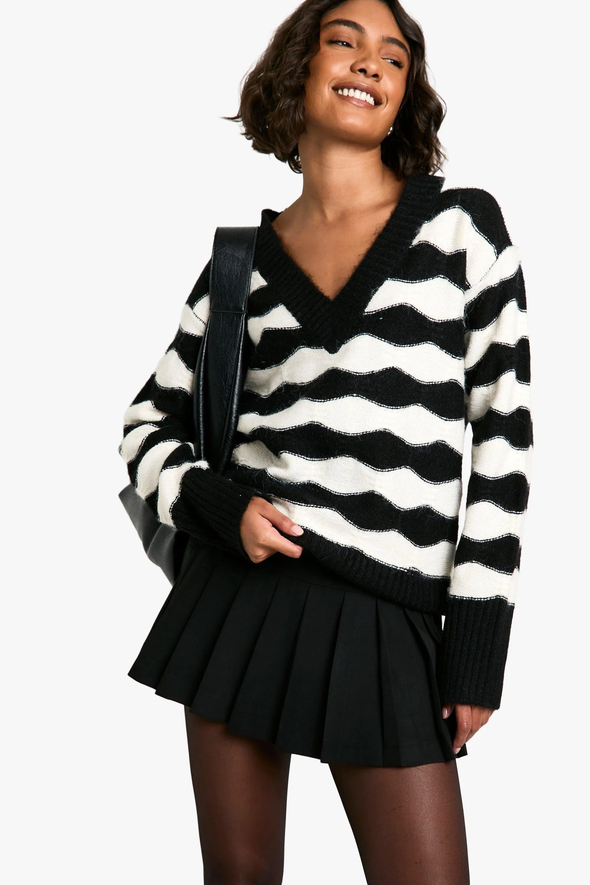 Tall V Neck Chevron Strip Oversized Knitted Sweater