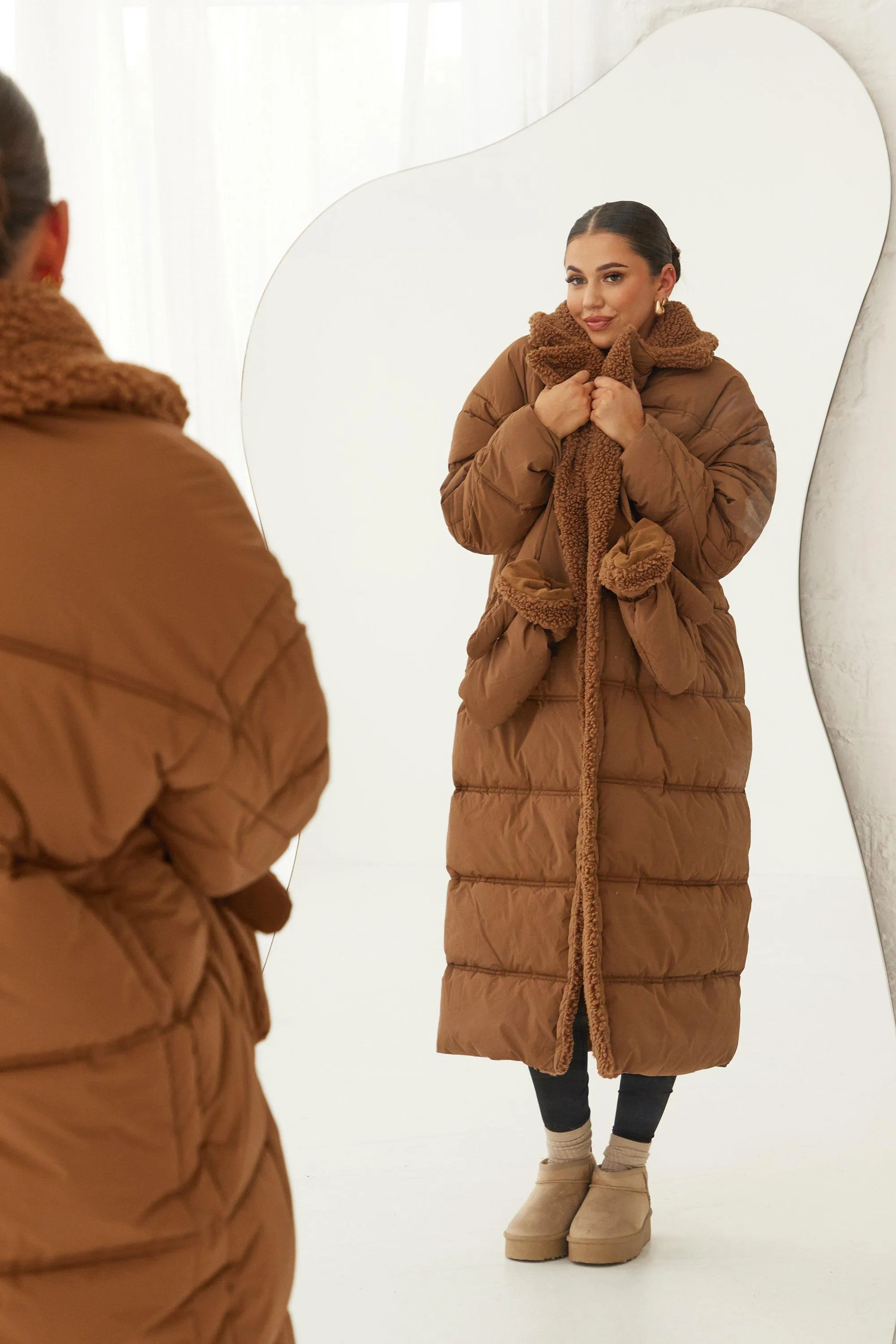 Teddy Trim Puffer Coat With Teddy Mittens