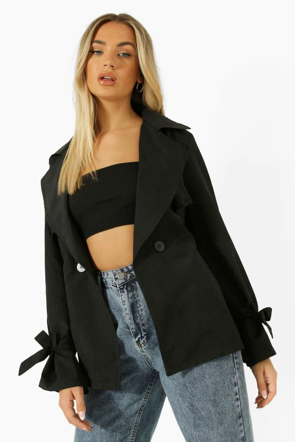 Tie Cuff Detail Belted Trench Coat