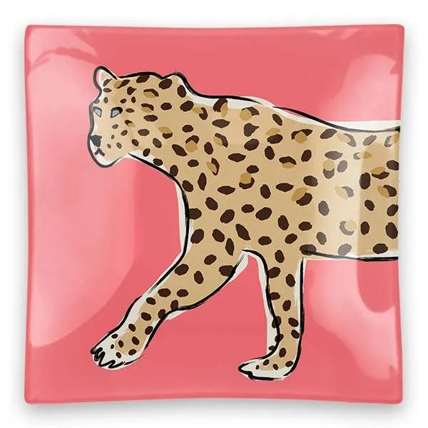 Walking Leopard Square Glass Trinket Tray (Pink, Green or Coral)