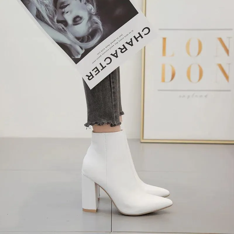 White Pointed Toe Women Ankle Boots