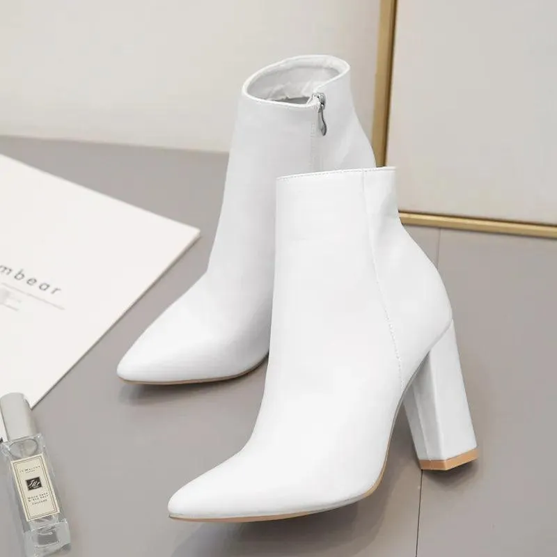 White Pointed Toe Women Ankle Boots