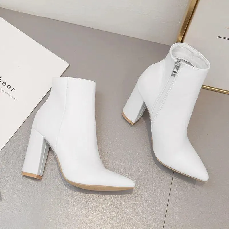 White Pointed Toe Women Ankle Boots