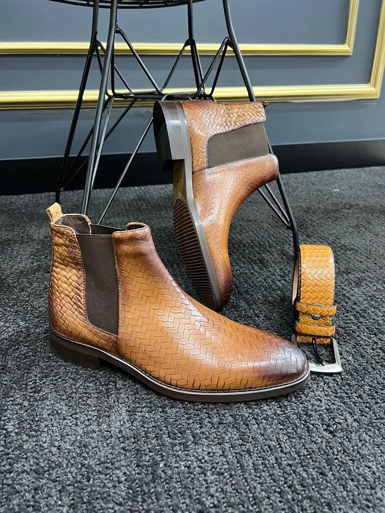 Wicker Detail Camel Chelsea Boots