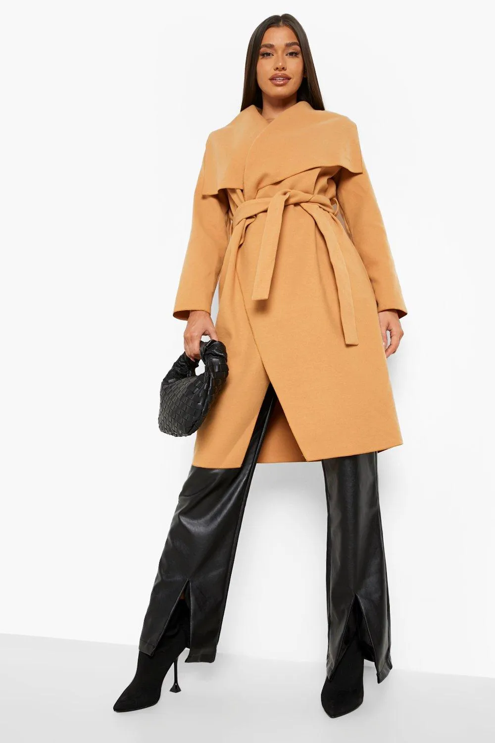 Wool Look Waterfall Belted Coat