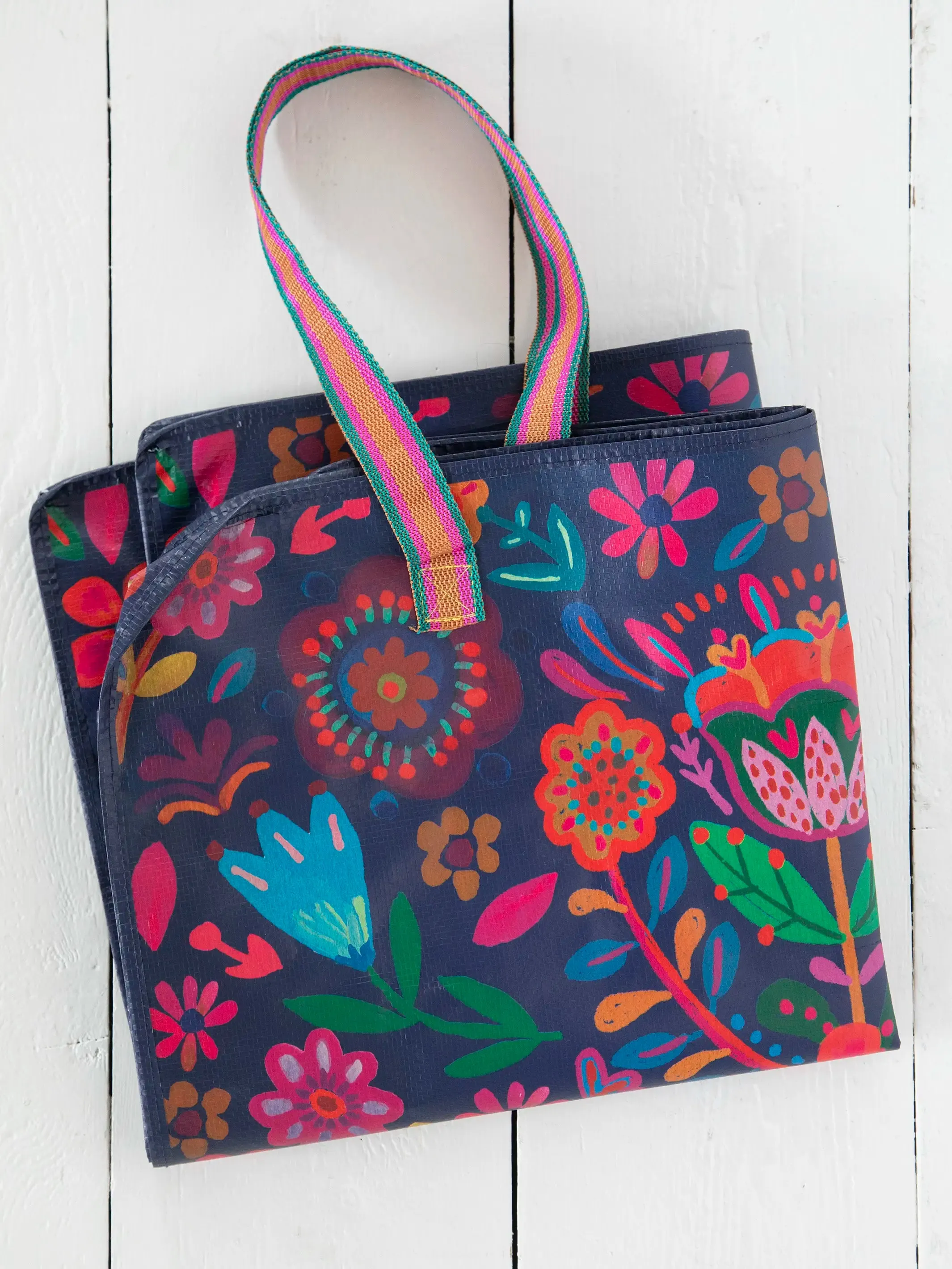 XL Zip Tote Bag - Indigo Folk Flower